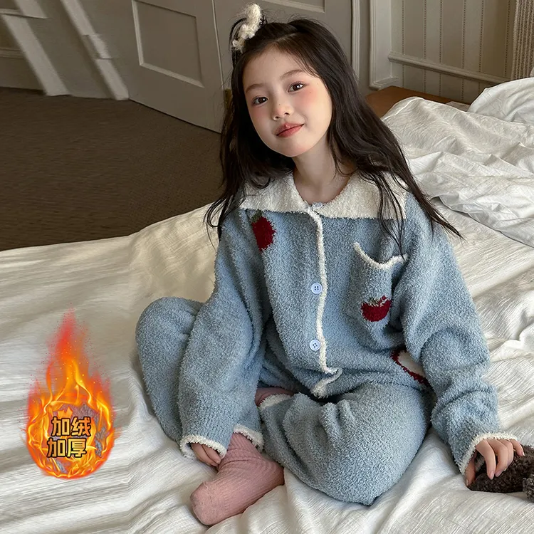 儿童睡衣初中生秋冬款2026新款女童半边绒家居服冬季加绒加厚保暖