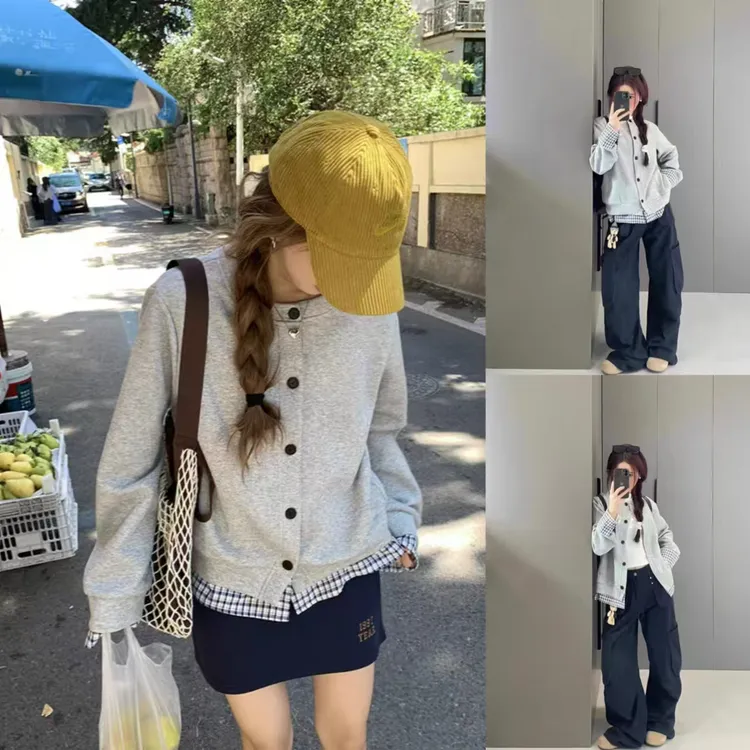 百搭! 复古设计假两件格子拼接卫衣秋冬新款排扣棒球服上衣外套女