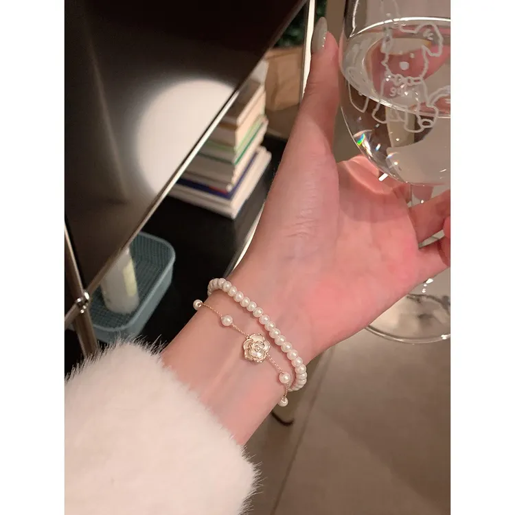 CIOEM KOUIM 铜合金脚链 施家珍珠山茶花双层手链女精致轻奢小众