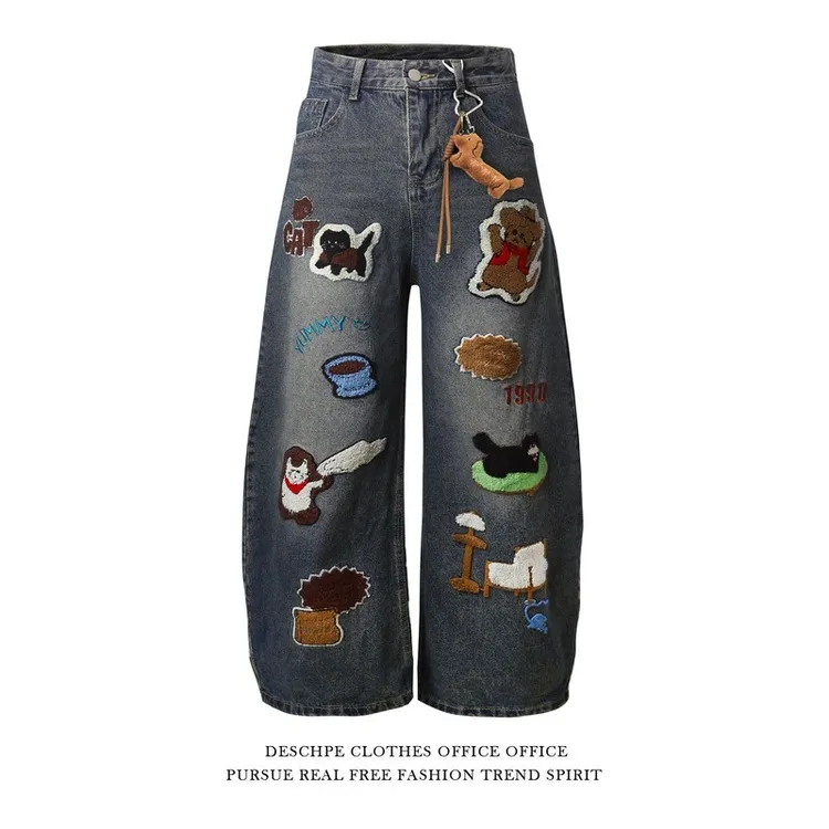 美式复古趣味卡通毛绒刺绣牛仔裤男女秋季宽松休闲情侣阔腿弯刀裤