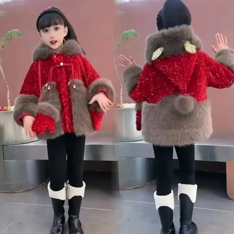 女童加绒仿皮草连帽外套2025秋冬新款加厚中国风冬装洋气可爱年服