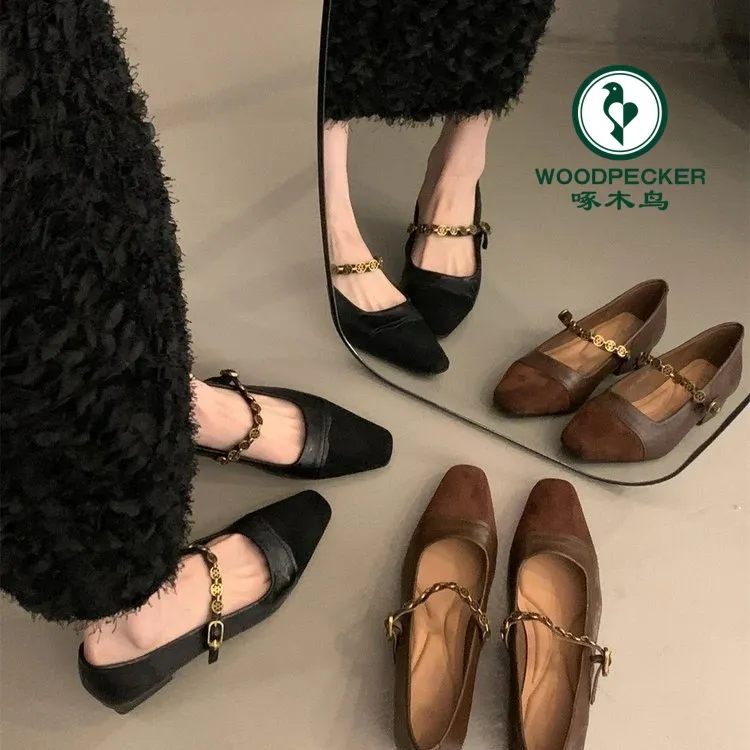 啄木鸟粗跟链条玛丽珍鞋女鞋子2025春秋新款低跟一字带复古单鞋