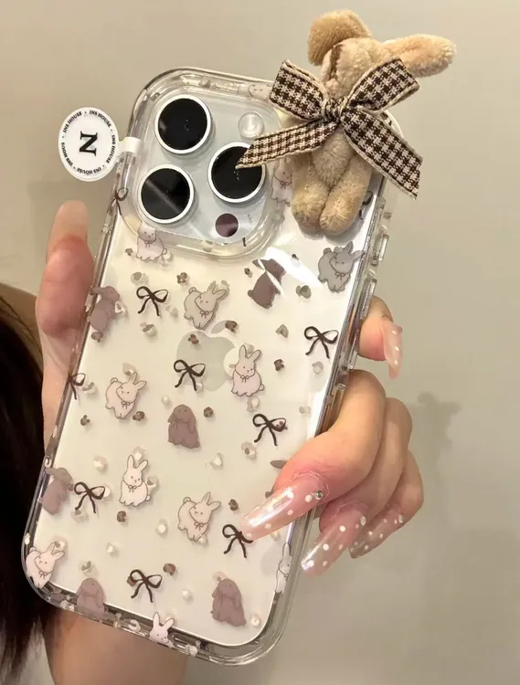 韩系透底蝴蝶结毛绒棕兔子适用苹果17promax手机壳iphone16新款14