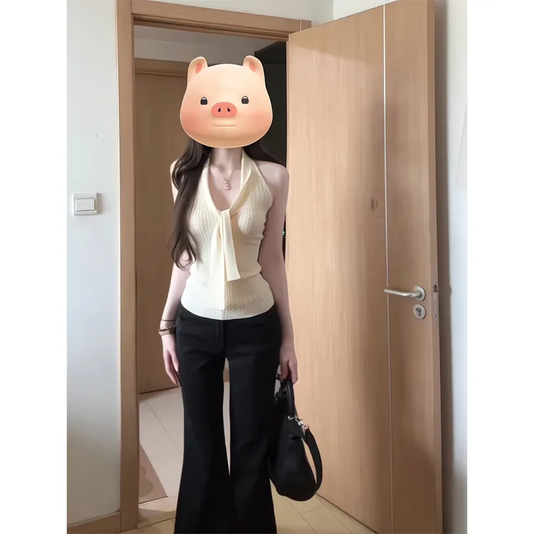 吊带背心女夏外穿露背高级感无袖挂脖上衣微喇休闲裤子喇叭西装裤