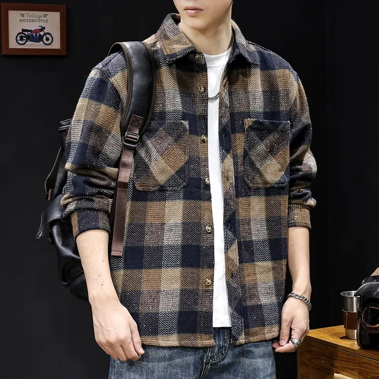 加厚格子衬衫男2024新款秋冬季休闲工装衬衣男士外套长袖衣服大码