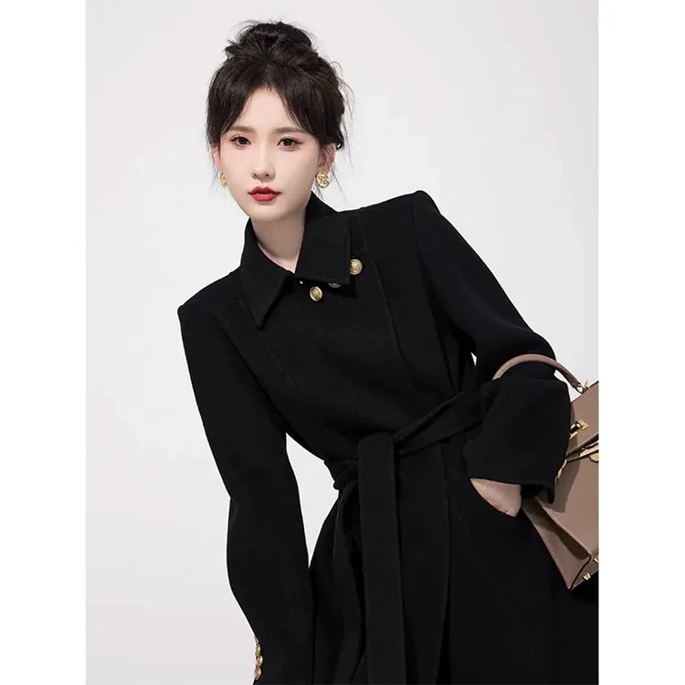 黑色双面羊绒大衣女2025秋冬季新款高级感赫本风正肩羊毛呢子外套