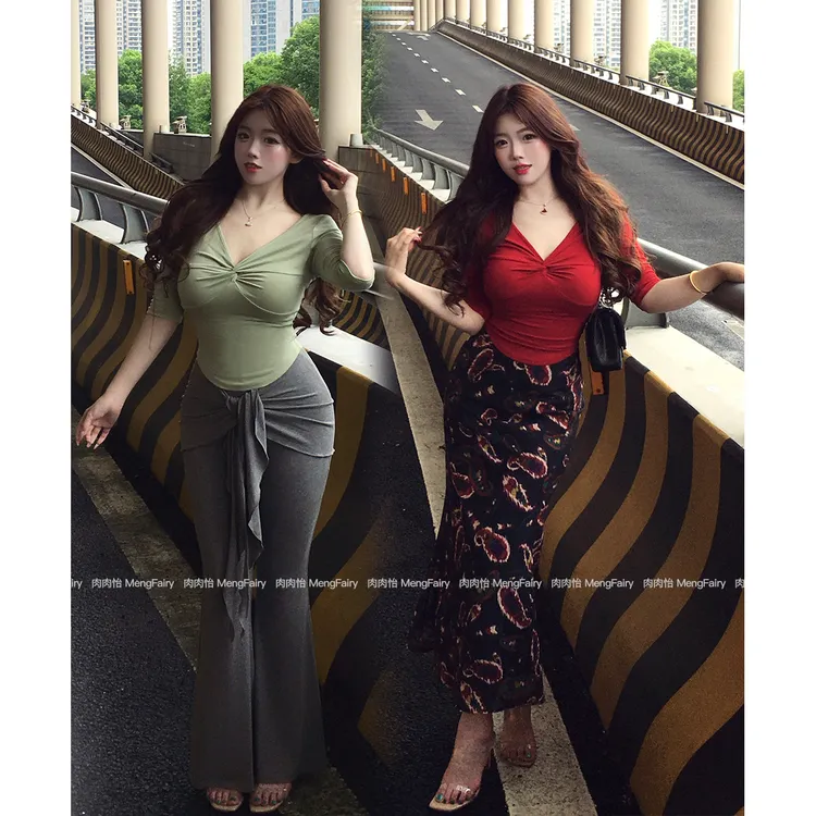 萌面侠肉肉怡 现货【勾勒好身材】港风修身T恤百搭长裤花色半裙6573