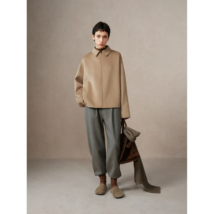 华吉言/HUAJIYAN【燕麦奶咖】全羊毛经典百搭长方领双面尼外套大衣