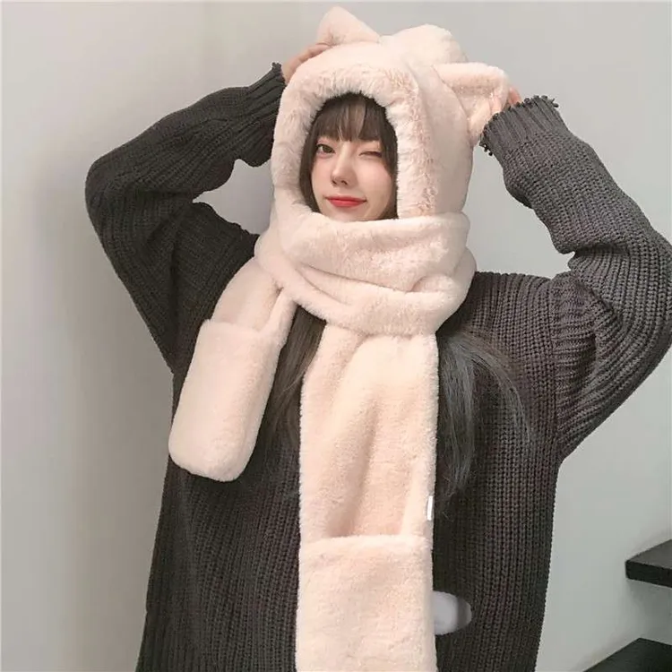 FAVMARTHA毛绒帽子围巾手套一体女冬可爱猫耳朵护耳加厚保暖骑车