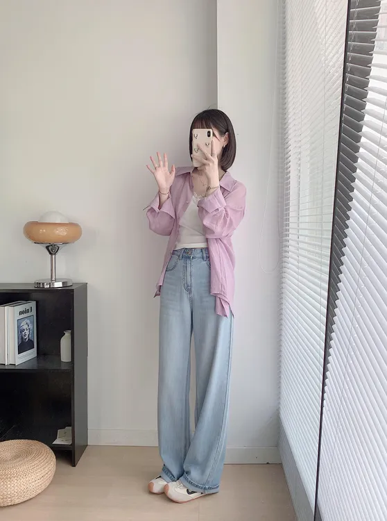 【云端葡萄】夏季清新高级感紫色衬衫开衫白色吊带高腰牛仔裤两件套