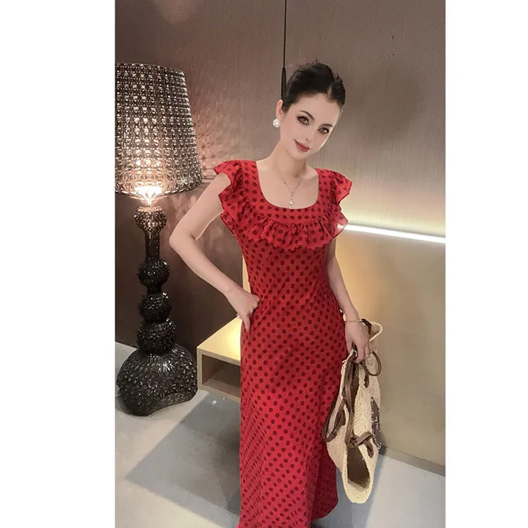 （前后两穿）荷叶边无袖波点连衣裙LYQ30542