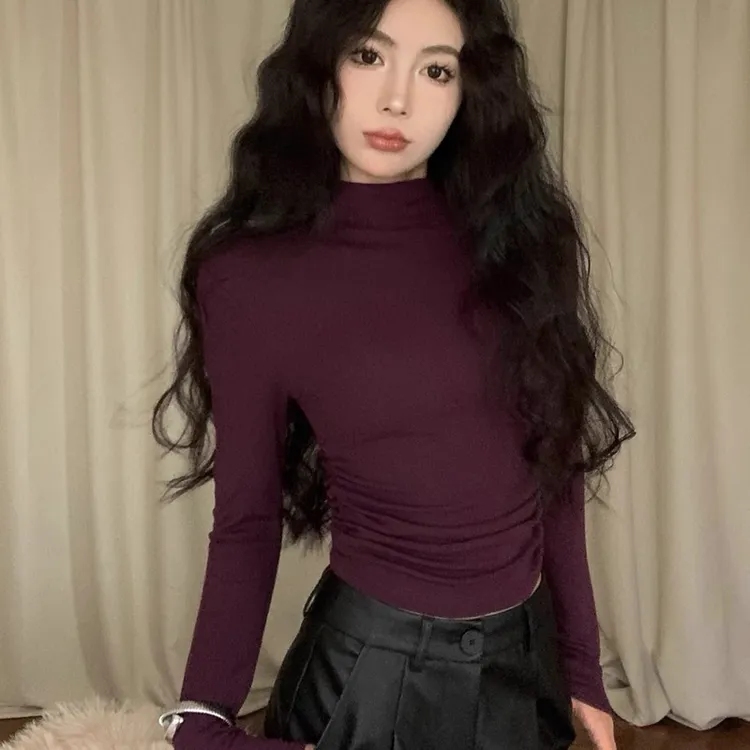 百搭长袖女2025秋冬季新款设计感显瘦内搭打底上衣修身洋气紫红色