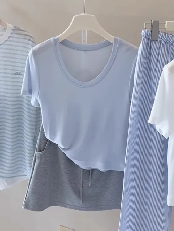 纯棉U领设计正肩短袖t恤女2025夏季新款高级时尚简约休闲洋气上衣