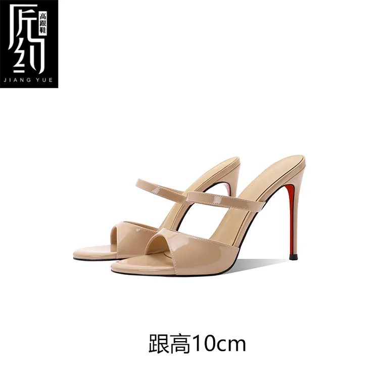 匠约裸色漆皮红底凉鞋女外穿拖鞋细跟圆头露趾性感新款夏季高跟鞋