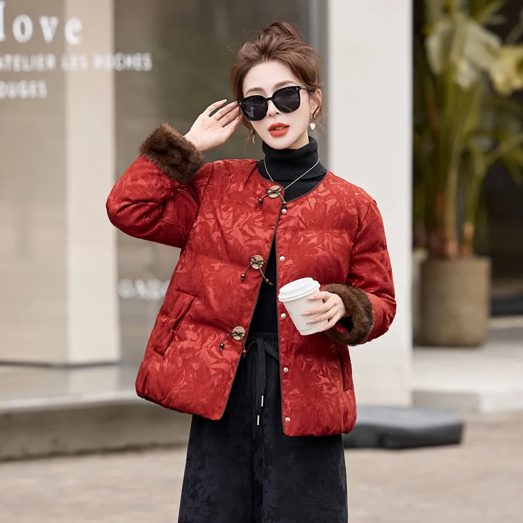 新中式国风复古提花羽绒服女2025冬季新款高级感气质白鸭绒短外套