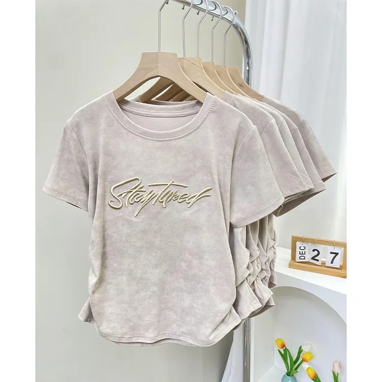 大码200斤韩系潮牌扎染字母刺绣圆领正肩短袖t恤女掐腰显瘦上衣潮