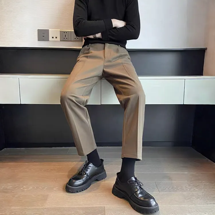 秋冬保暖毛呢裤子加厚男士直筒西装裤轻熟风休闲裤半松紧九分长裤