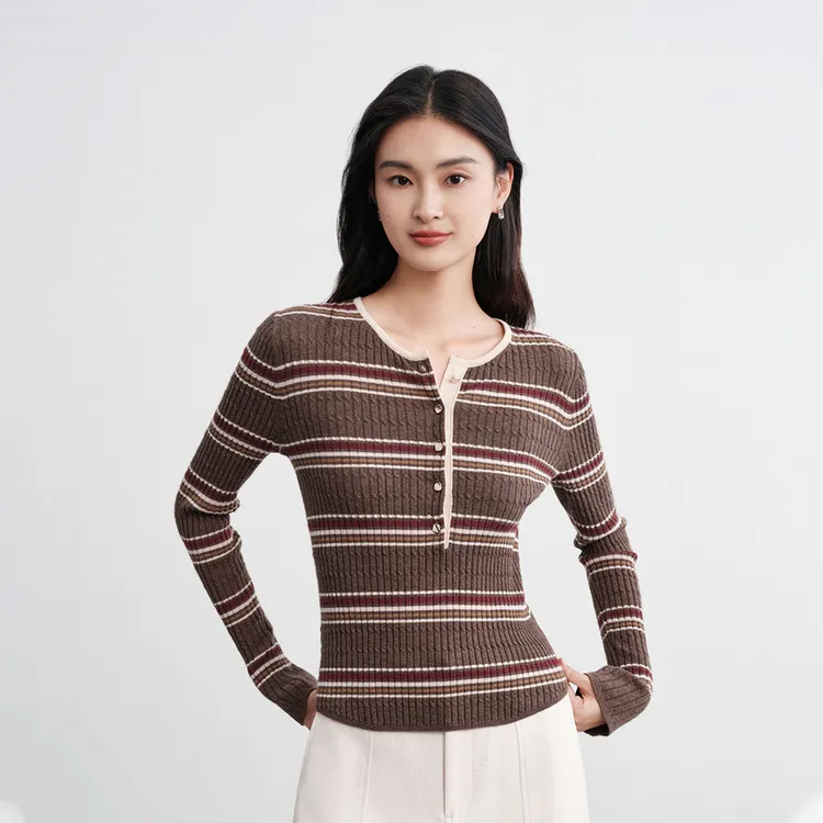 EP雅莹女装 牦牛绒羊毛绢丝条纹提花修身针织衫2025秋冬新款9503A