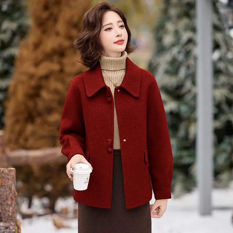 中年女双面零羊绒大衣短款酒红色妈妈羊毛外套本命年喜婆婆婚宴装