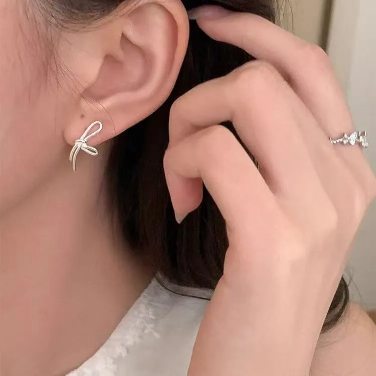 925银耳饰 You家银色蝴蝶结线条耳骨钉ins小众耳钉冷淡风耳环气质