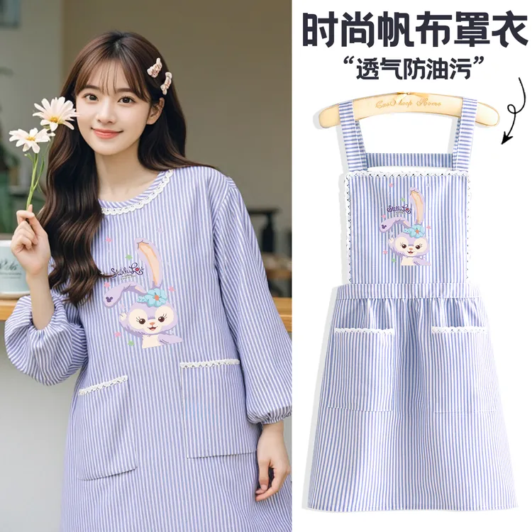 小清新帆布长袖围裙家用厨房防污罩衣做饭围腰餐饮花店专用工作服