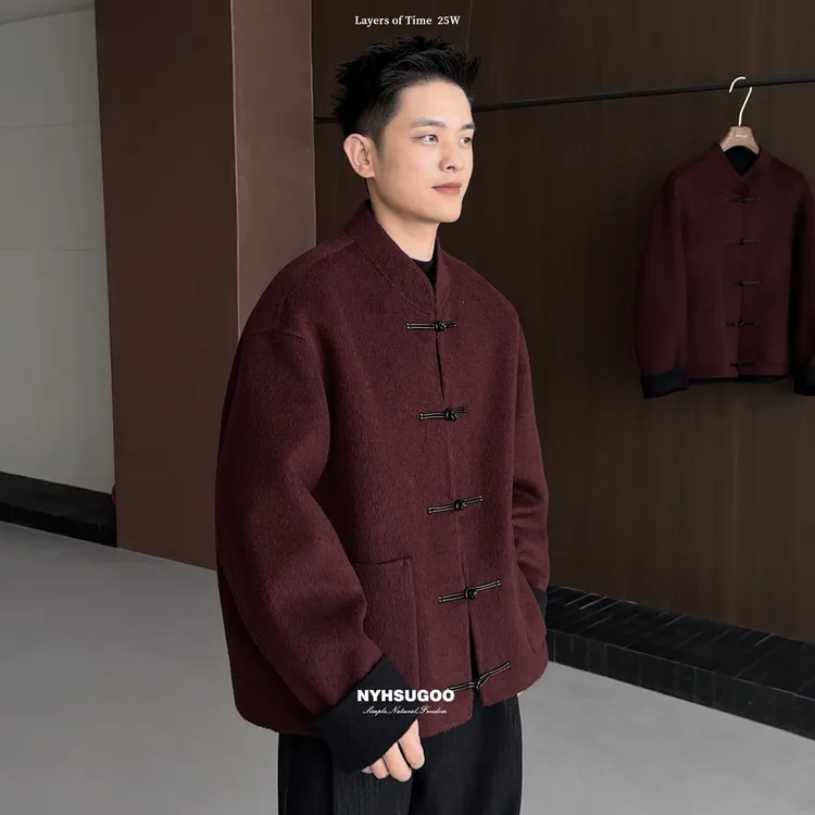 NYHSUGOO/南乙新年款100%绵羊毛双面穿新中式毛呢大衣55090男士