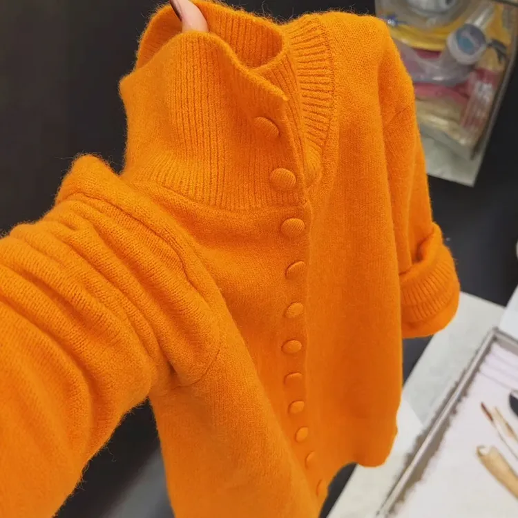 气质时尚纯色高级感高领长袖毛衣外套女2025秋冬INS风针织开衫