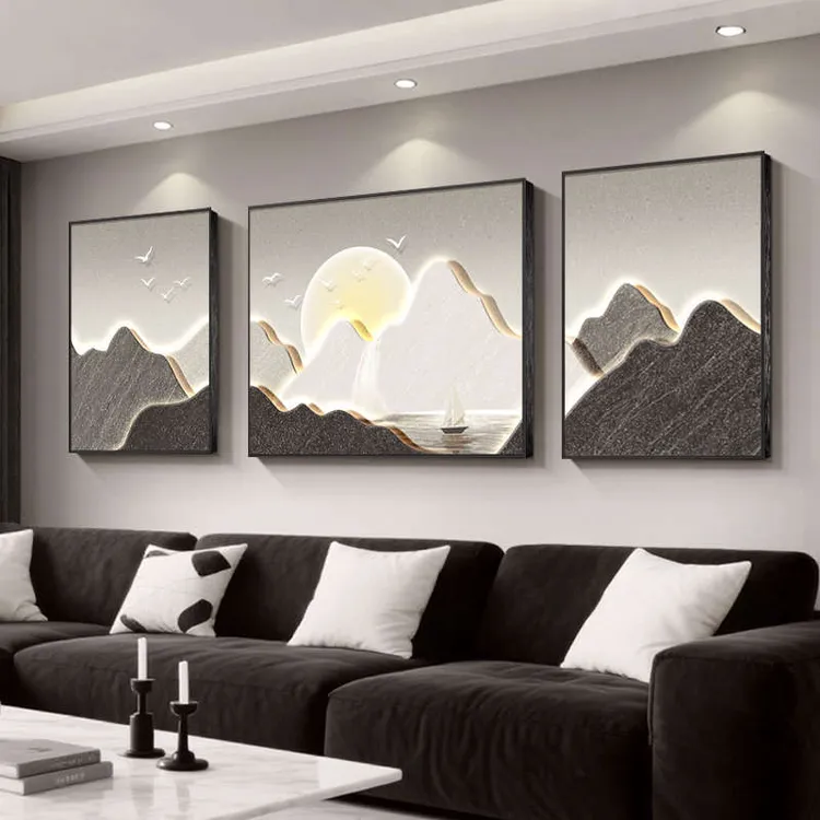 现代简约客厅装饰画背有靠山寓意好沙发背景墙面挂画砂岩山水壁画