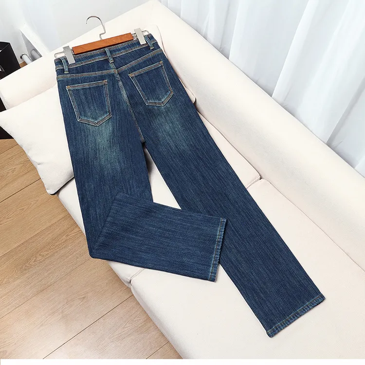 【佰织716#】单裤/加绒蓝灰色三本针窄版直筒牛仔裤女直筒