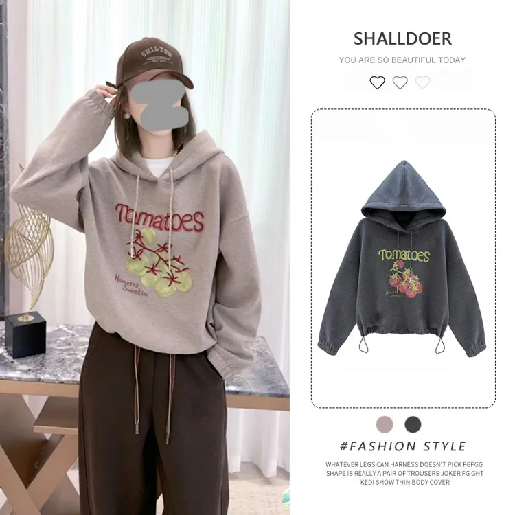 2025秋季新款时尚百搭设计感显瘦衣服女韩系连帽印花潮流长袖卫衣