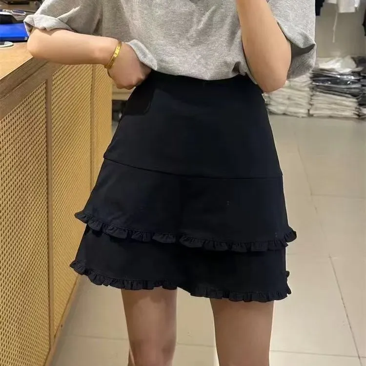 夏季时尚不规则双层木耳边高腰显瘦防走光A字半身裙女6946