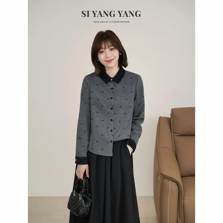 斯洋洋SIYANG冬季蝴蝶结印花蕾丝花边通勤减龄上衣SY511A051SYY