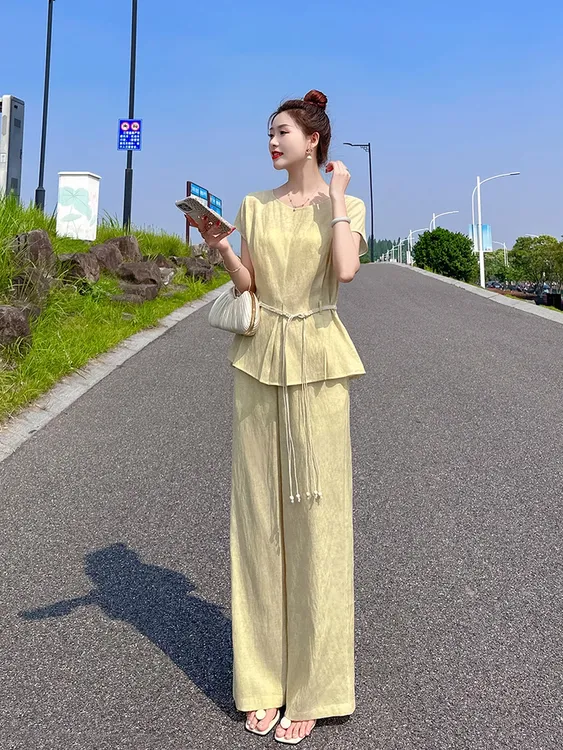 〈纪朵研〉0539时尚套装女夏季新款收腰显瘦棉麻阔腿裤穿搭一整套