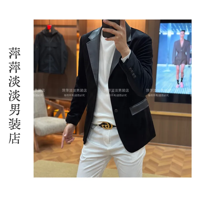 【意式极简】秋冬男士老钱风金丝绒配皮修身西服8101
