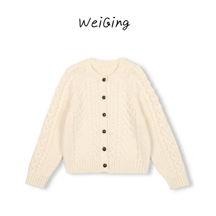 【丹姐家~奶杏麻花开衫~】圆领复古时尚针织开衫