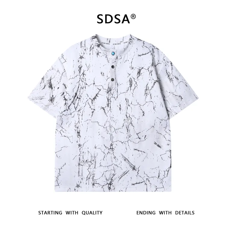 夏季高级感新款设计感凌乱线条半纽扣短袖T恤百搭圆领宽松上衣