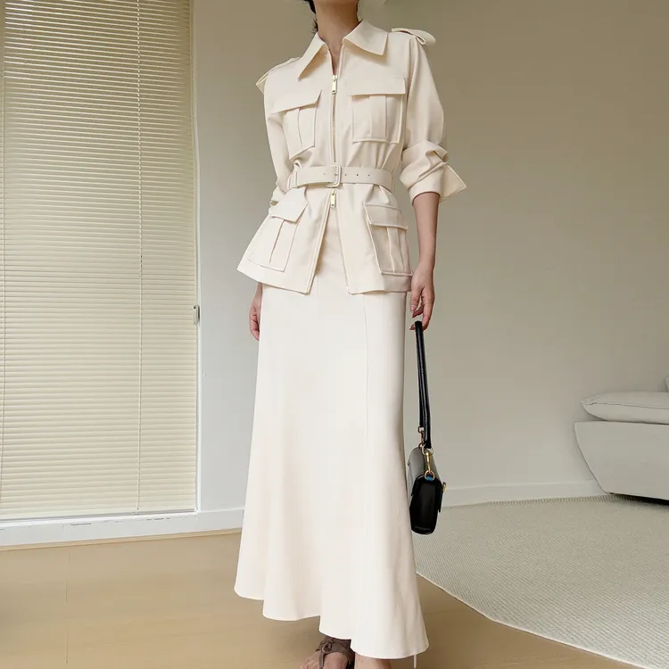 圣多墨 工装风真两件长袖连衣裙法式气质通勤老钱风鱼尾裙长裙秋