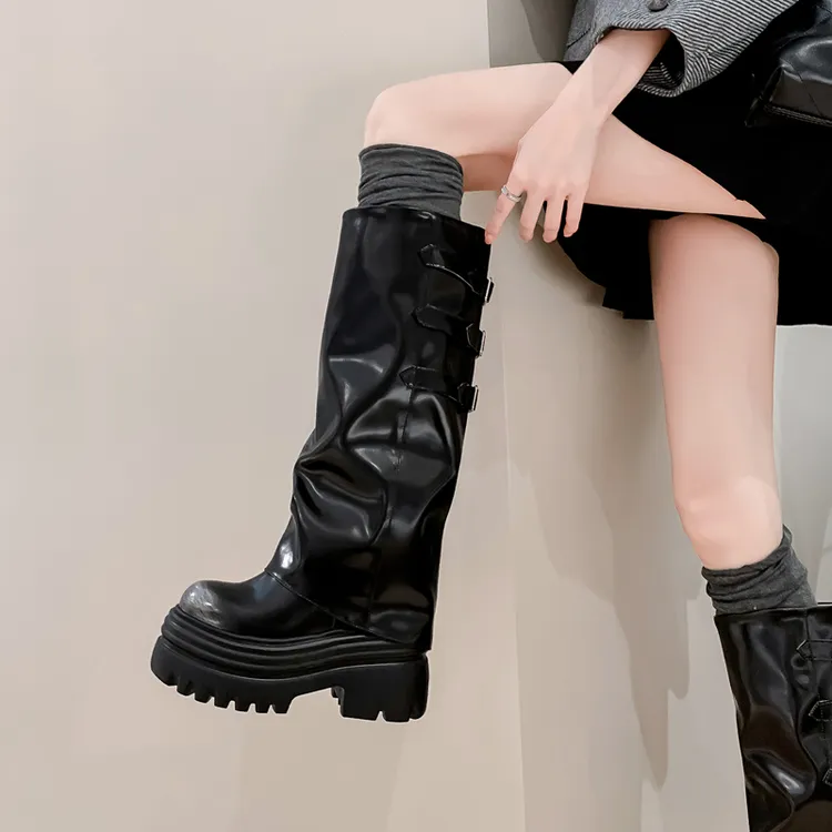 长靴女12cm内增高厚底松糕裤管靴14cm坡跟32小码堆堆靴高跟骑士靴