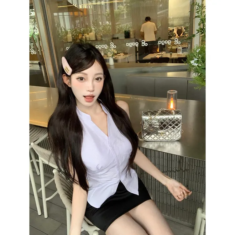 韩系条纹露背挂脖无袖衬衫女夏季褶皱修身气质衬衣设计感短款上衣