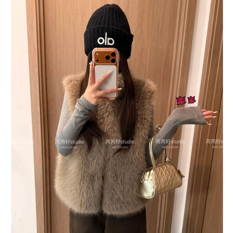 人造皮草 仿皮草马甲 秋冬立领毛毛马甲女百搭毛绒背心无袖外套