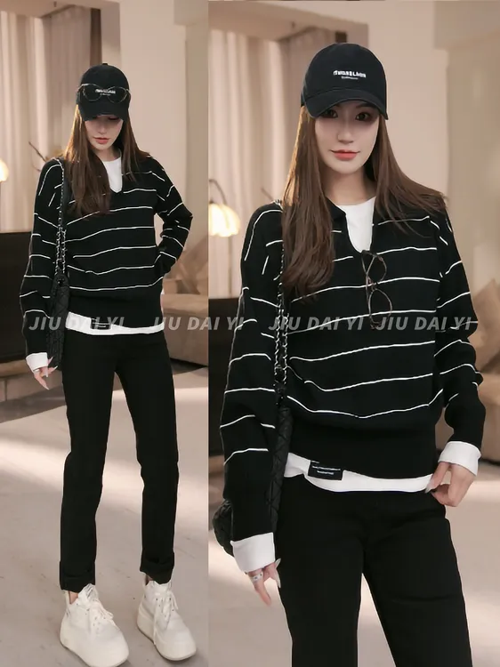 玖黛衣【撞色条纹】秋冬穿搭条纹韩版宽松针织XSP44298