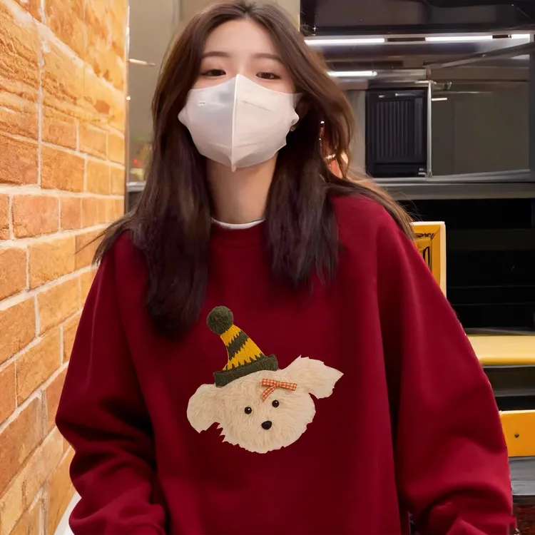 酒红色加绒圆领卫衣秋冬季2025新款加厚无帽长袖慵懒巨好看上衣