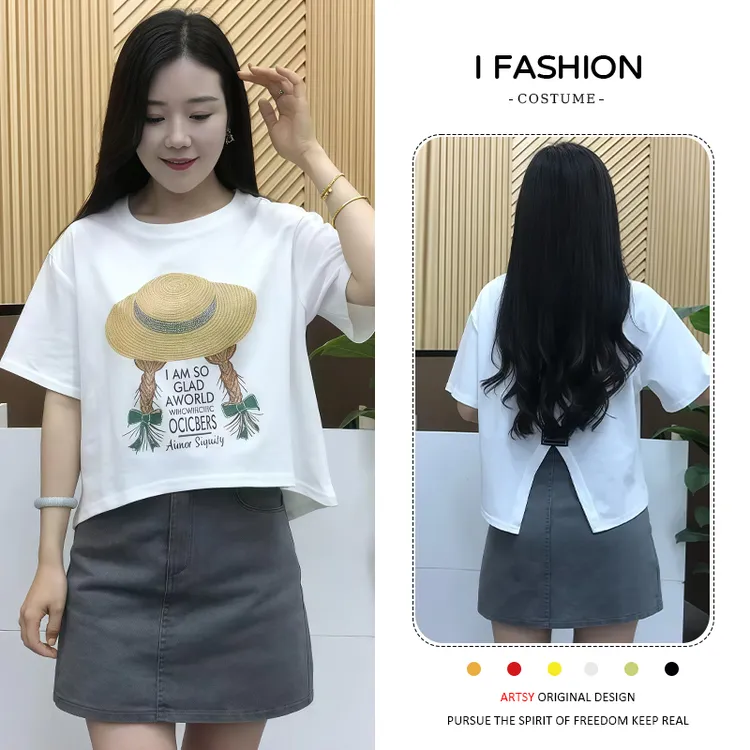 帽子印花圆领短袖T恤女2025夏季新款韩版宽松时尚小个子减龄上衣