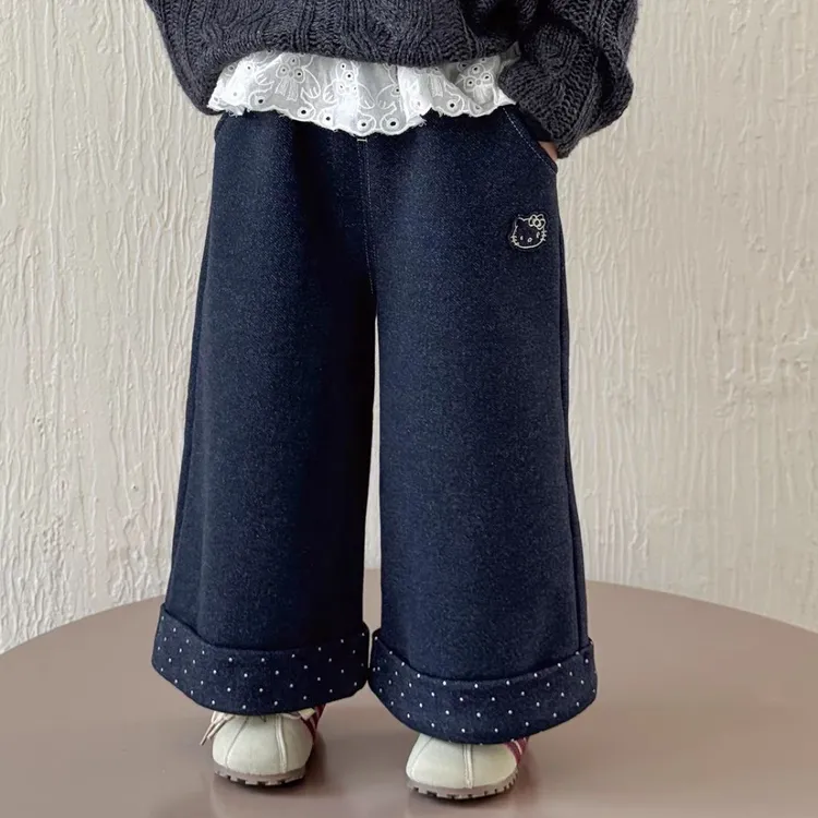 女童一体绒休闲裤秋冬款2025新款儿童加绒裤子女孩冬装直筒阔腿裤