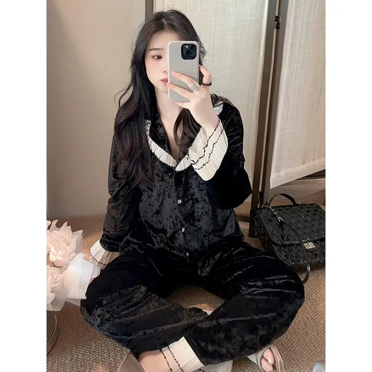 纯欲风黑色金丝绒睡衣女秋冬款2025年新款高级感甜美可外穿家居服