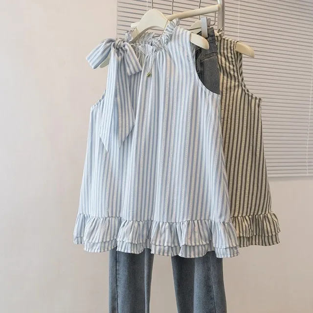 浅蓝色条纹吊带背心外穿女2025夏季大码胖mm双层荷叶边无袖娃娃衫