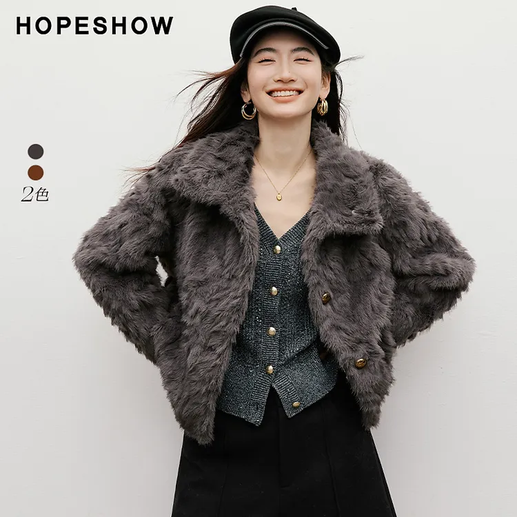 红袖2025冬季新款女装 字母金属扣两穿领落肩毛外套90125360403