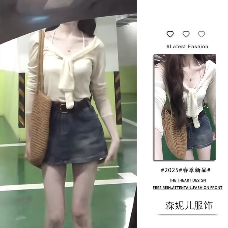 春季温柔系穿搭女2025新款韩版系带领结长袖高腰牛仔短裙两件套装