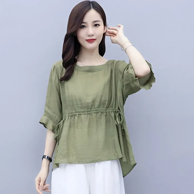 棉麻衬衫女荷叶边中袖T恤夏季新款收腰显瘦宽松大码洋气圆领上衣