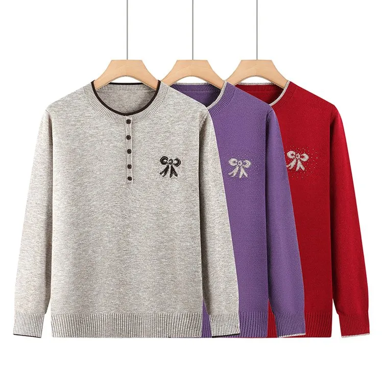 圆领中老年女装蝴蝶结烫钻提花撞色拼接毛衣大码打底衫女士针织衫